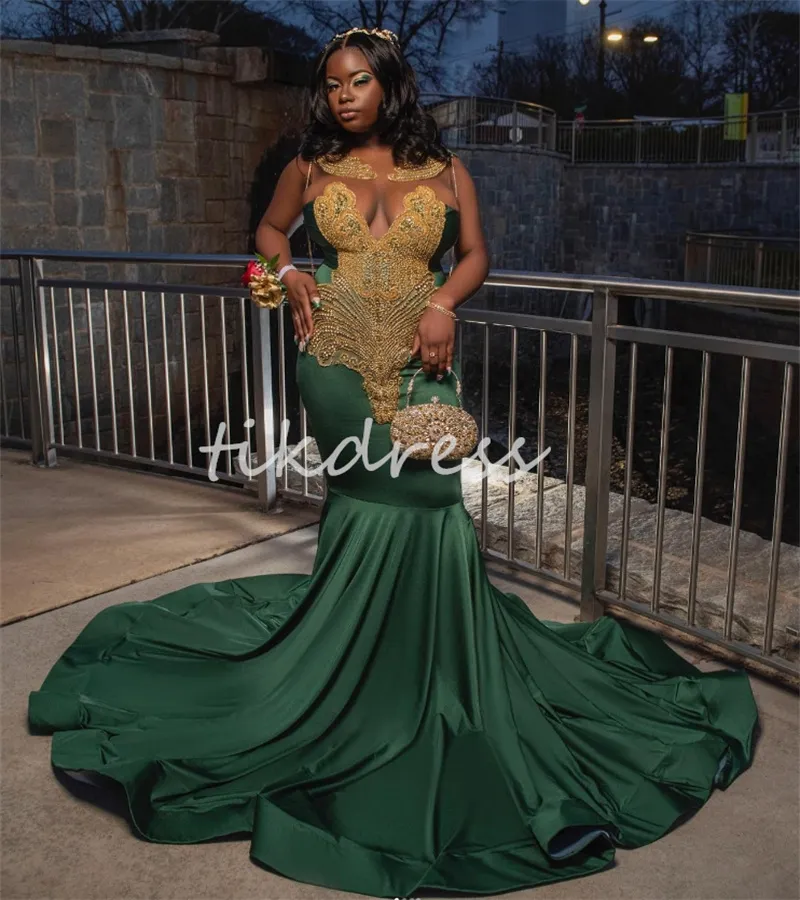 Vestido de noite de sereia verde escura com diamante Crystal Black Mulher Plus Size Prom Vestidos 2024 Distolentes Douden Festas Formais Vestidos Africanos de Varas de Fiesta