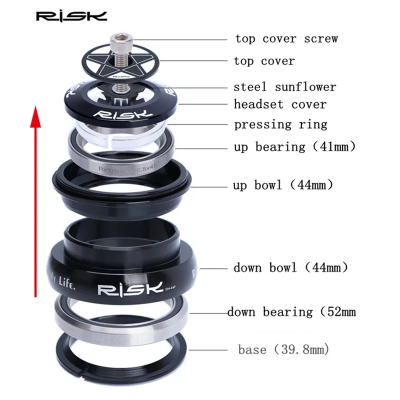 RISK 28.6/44-44/30/39.8mm Bicycle Straight Tube Frame Headset 44mm MTB Road Bike External Cup Headset for 1.5" Taper Pipe Fork