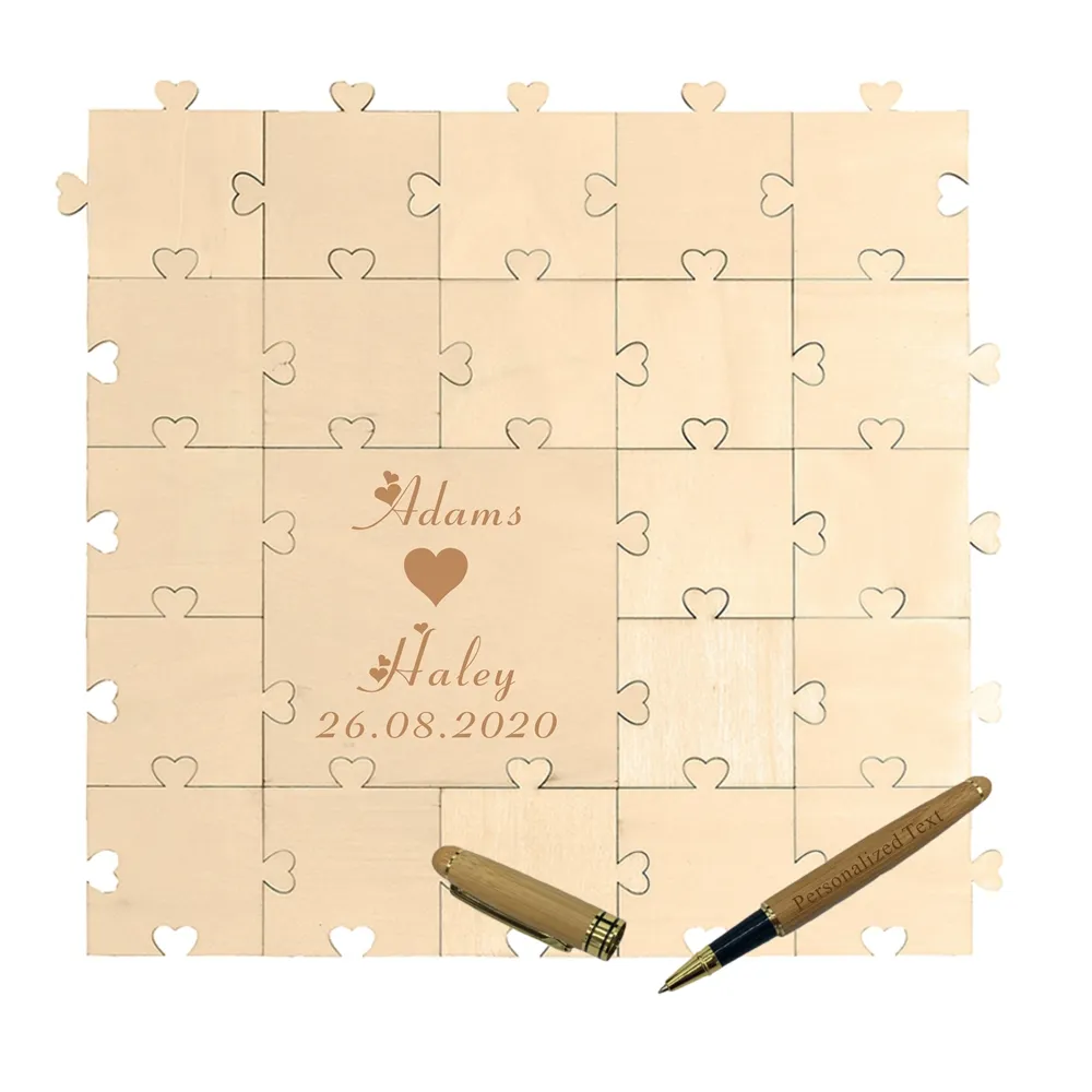 Personlig graverad träpussel Bröllop Gästbok Wood Guestbook Heart Square Puzzle Bambu Pen Gift Wedding Fevor