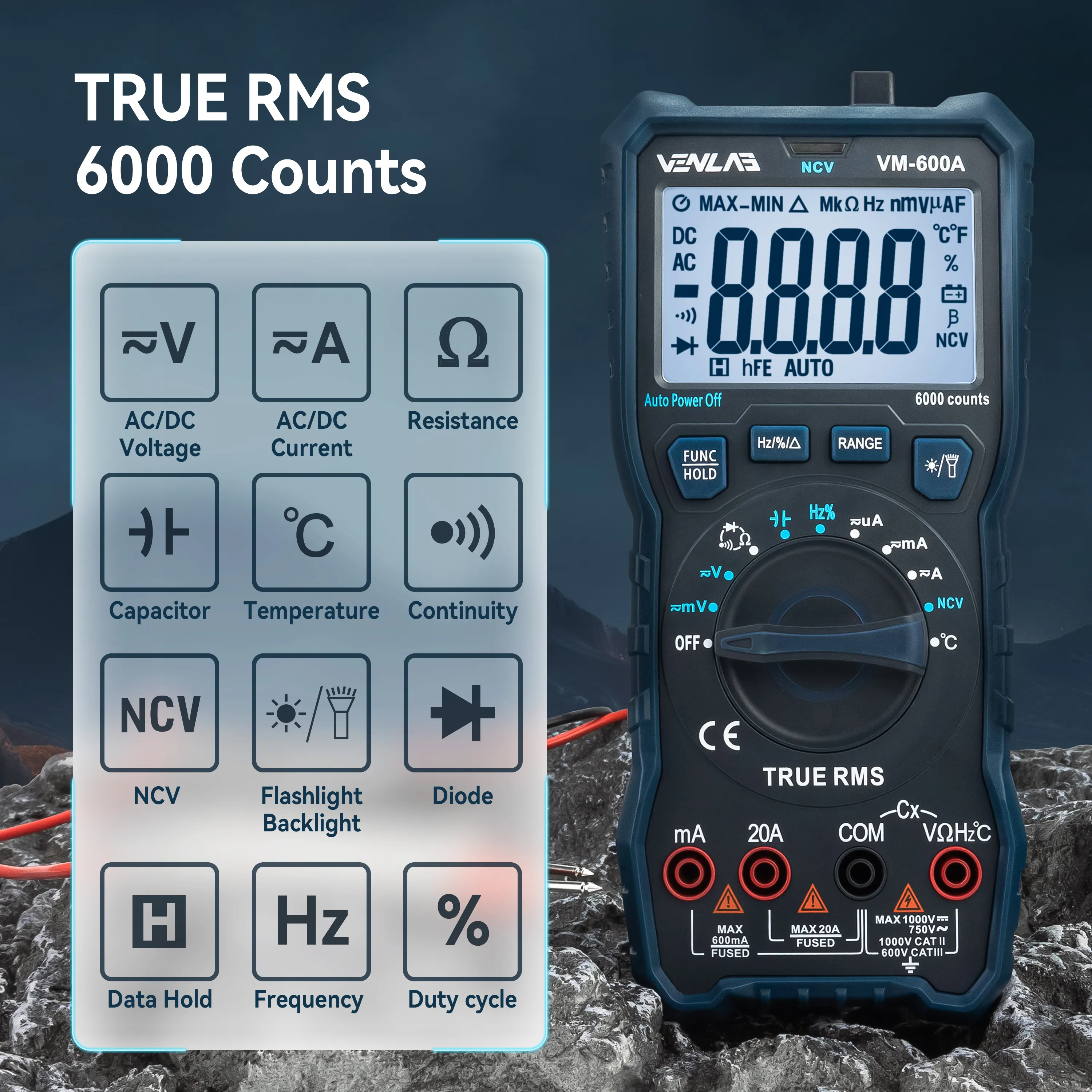 TRMS DUŻY AUT-Multimeter AUTO Range Szybko dokładnie mierzy multimetro 1000V 20A AC DC Ohm Hz NCV Live Metr