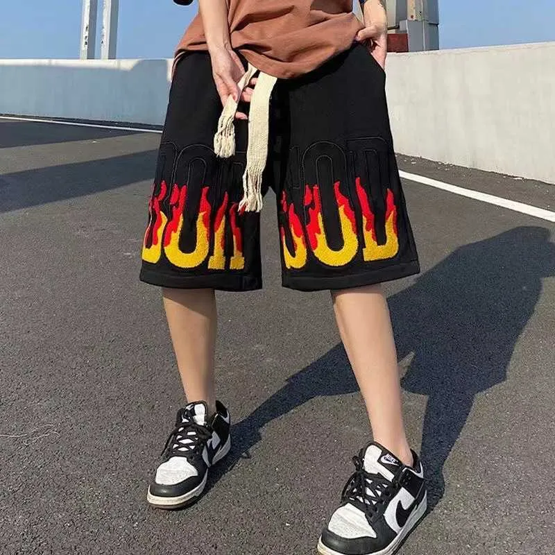 Harajuku hiphop persoonlijkheidstraatstijl capris casual veelzijdige gedrukte vlam mode shorts heren basketbal