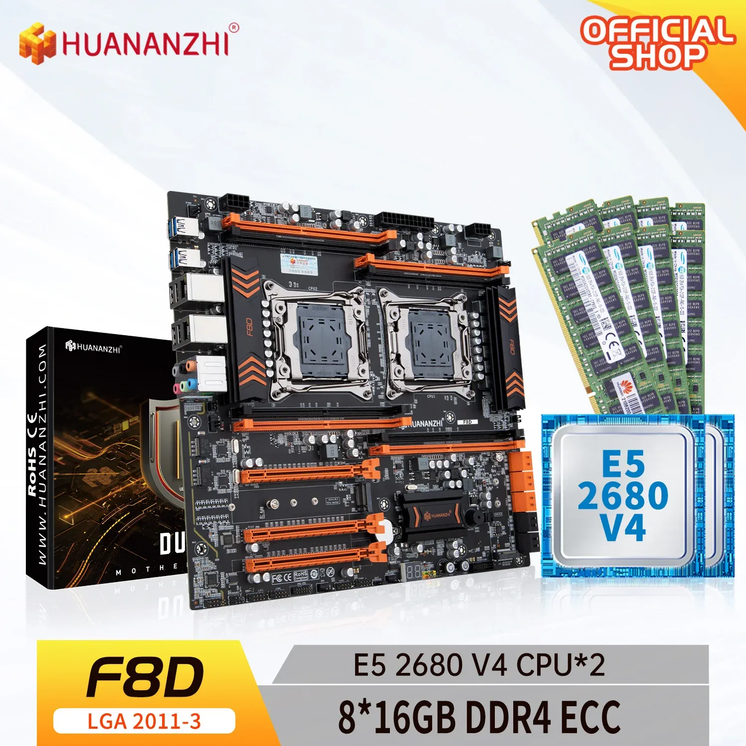 Moderbrädor Huananzhi X99 F8D LGA 20113 Xeon X99 Moderkort med Intel E5 2680 V4*2 med 8*16 GB DDR4 Recc Memory Combo Kit NVME SATA