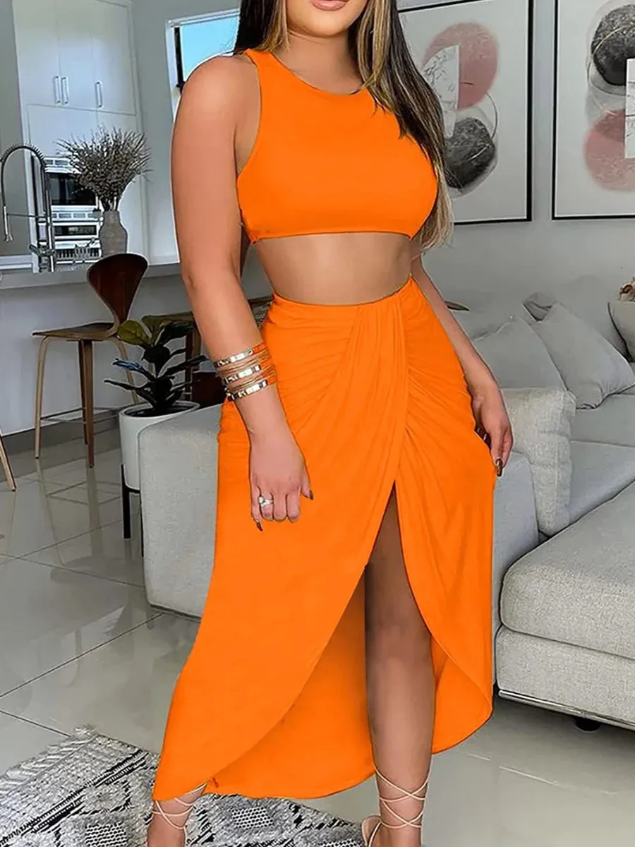LW Crop Top Wrap Skirt Set Summer Elegante Romantico Sleevelico Solido Coloro Round Neck Daily Two Matching Abito per donne 240329