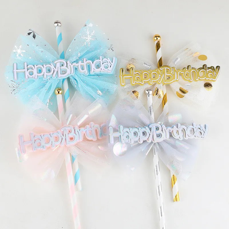 Net Garn Bowknot Strohkuchen Toper Flagge Kinder alles Gute zum Geburtstag Hochzeit Cupcake Topper Backparty Flaggen Babyparty Kuchen Dekor DIY