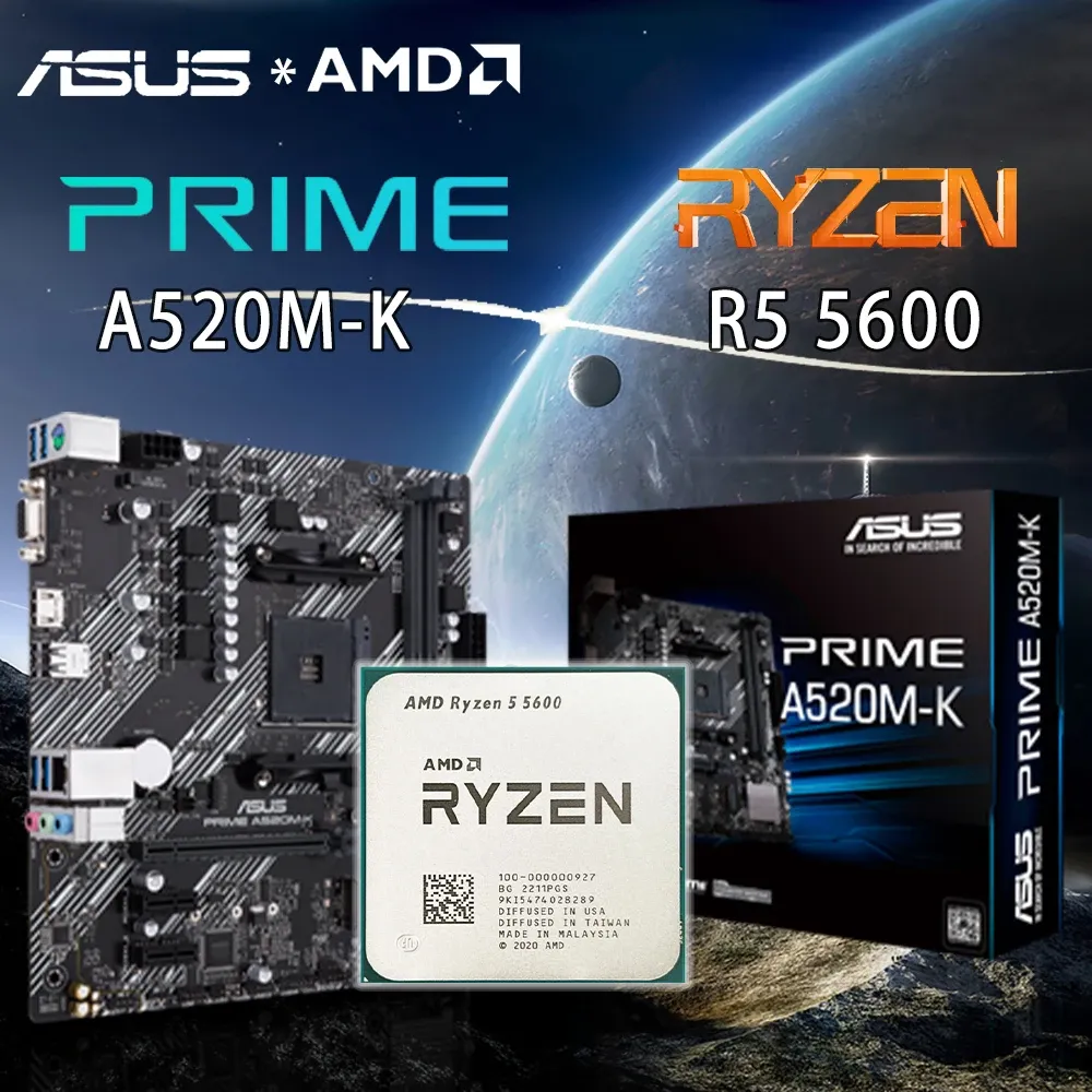 마더 보드 New AMD Ryzen 5 5600+ASUS Prime A520MK 소켓 AM4 마더 보드 DDR4 64GB PCIE 3.0 M.2 SATA 6 GBPS A520 메인 보드 AMD CPU SUIT