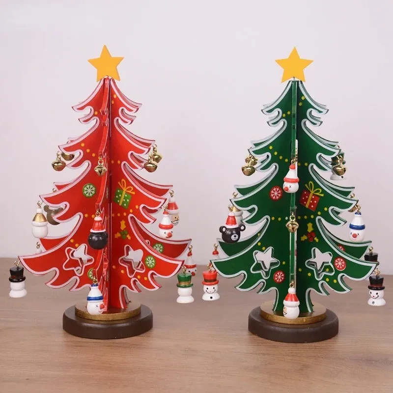 Stereoscopische kerstboom Diy Hand Montage multipwood houten scène lay-out kerst 3-kleuren vorkboom vensterdecoraties