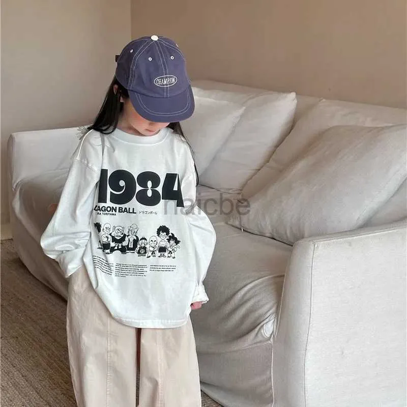 T-shirt 2024 Spring Boys and Girls Cartoon Letters Cotton T Shirts Kids Of Ock Sciose Long Sleeve Tops 240410