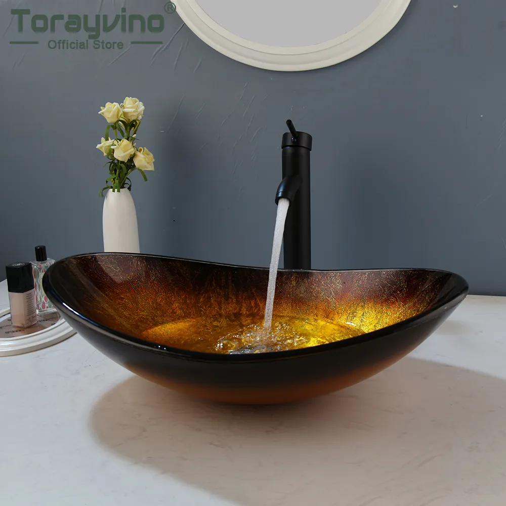 Torayvino Bathroom Countertop Tempered Glass Basin Sink Faucet Set Brass Waterfall Faucet Washroom Vessel Vanity Bar Ship