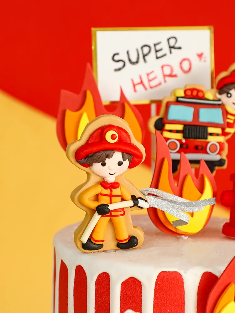 Hero Firefighter Cake Topper Decor Gold Red Ball Fire Truck Flame Child Faven Foft