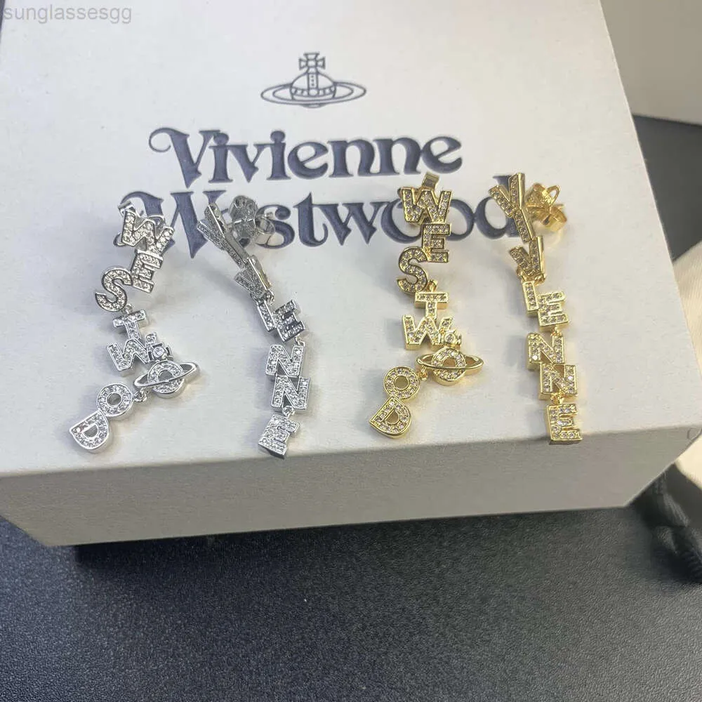 Ontwerper Viviane Westwood Western keizerin Dowager Goud en zilveren volledige diamant lange letter oorbellen voor vrouwen lichte luxe stijl saturnus oorbellen ouyang nana hetzelfde st