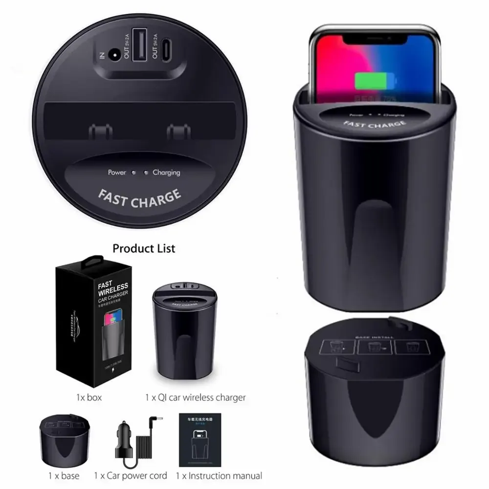 Chargers Fast Qi Car Charger Wireless Cup para iPhone 8 X Carregador de carro para Samsung Galaxy S10 S9 S8 10W Carro USB Charger Cup