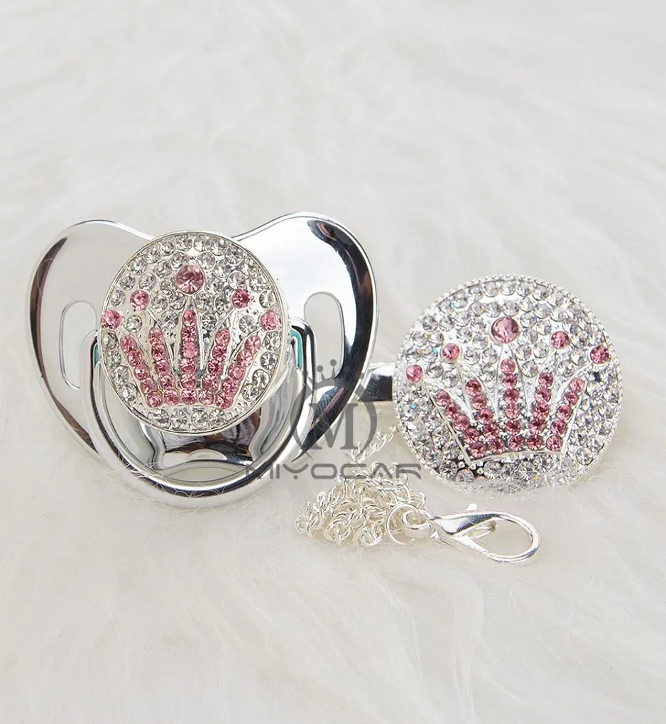 Miyocar bling uniek ontwerp zilveren roze kroon fopspeen en clip set bpa sgs doorgeven veilig aan baby fopspeenhouder apcg91 t200426834867