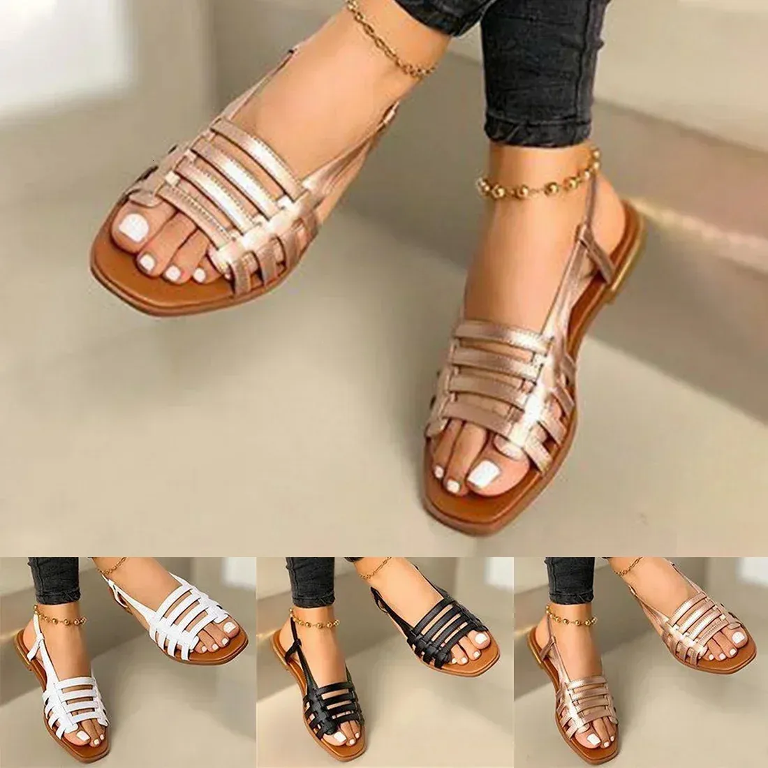 Kvinnor Sandaler Kvinna Summer Hollow Out Roman Shoes 2024 Womens Gladiator Open Toe Beach Flats Ladies Footwear Plus Size 35-43 240409