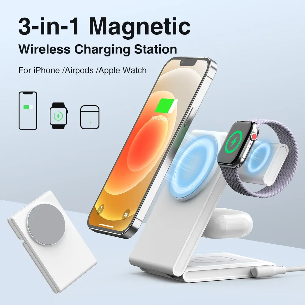 Chargers 3 in 1 Foldable Wireless Charger Fast Charging Station for iPhone 15 14 Holder Magnetic Charger Stand Dock for Apple Watch S8/7