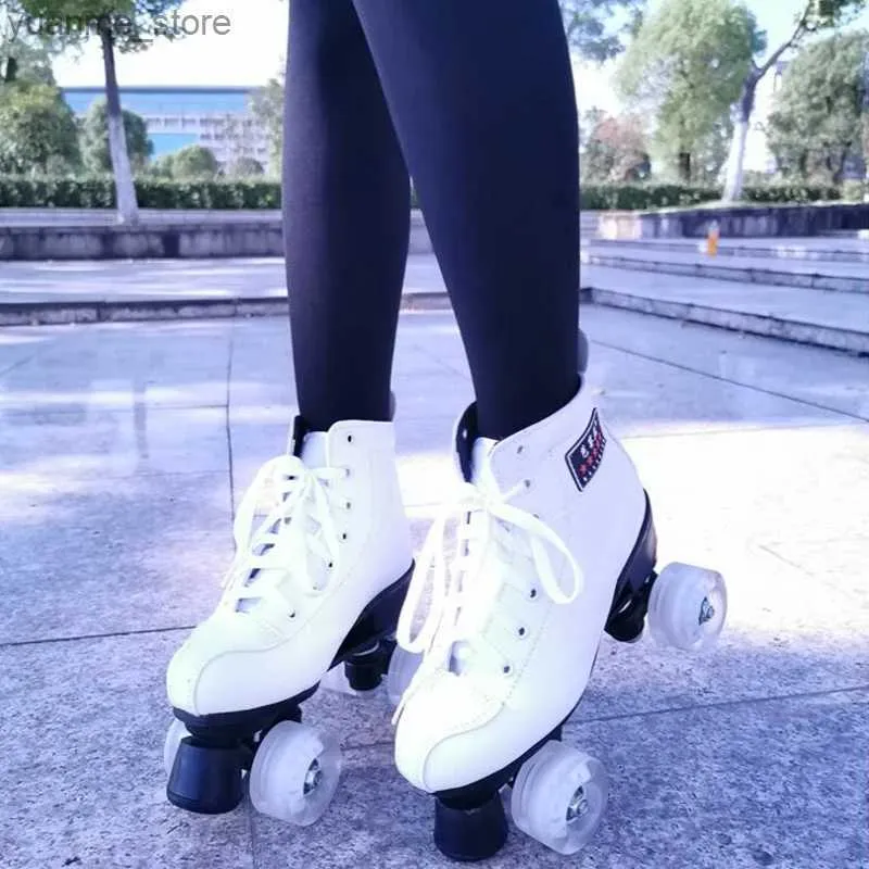 Inline rullskridskor vit läder kvinna rullskridskor 4-hjul svart blixt dubbel rad skridskor flash patines de 4 ruedas utomhus sneakers y240410