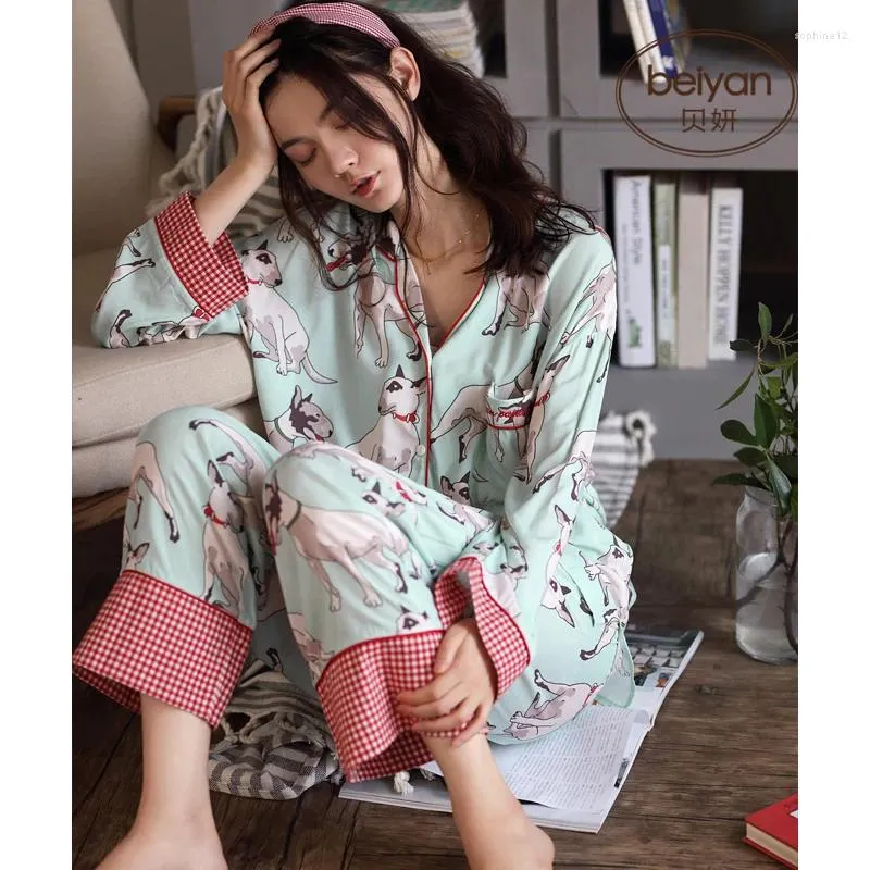 منزل المنزل MS Beiyan Autumn Pure Cotton Pajamas Cute Cartoon Female Han Edition Long Cardigan Sleeve Leisurewear Suit