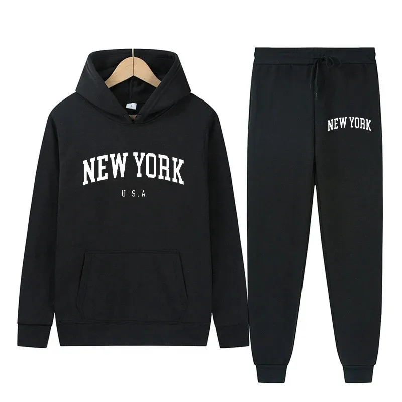 York Letter USA City Hoodies Pants 2 Pieces Sets Men Fashion Sweatshirt Casual Hooded Pullovers Sportwear Suit 240326