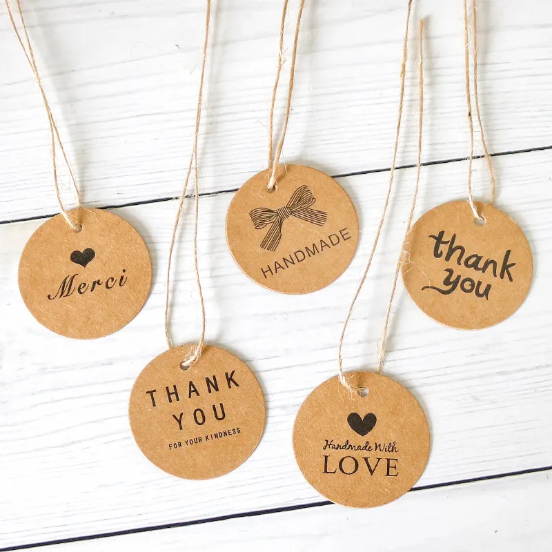 New 100pcs Handmade Round Kraft Packing Gift Tag Bow Kraft Paper Hang Tags Thank You Label Cards DIY Garment Tag Price Label