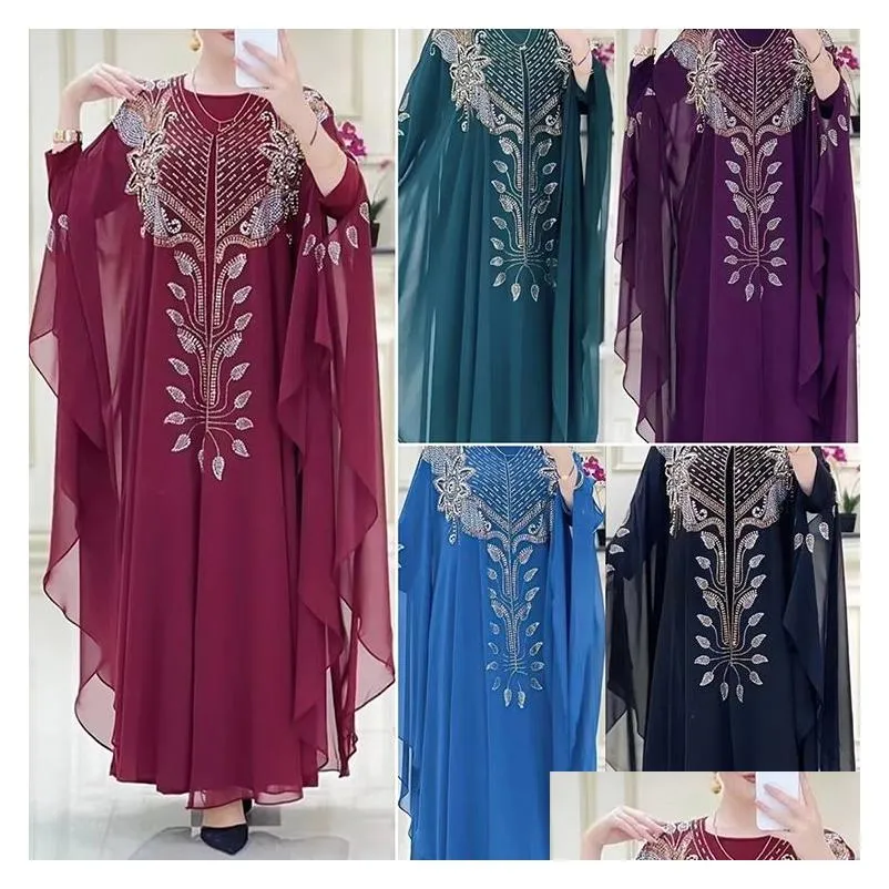 Etniska kläder Luxury Diamonds 2 Piece Ramadan Dubai Muslim Dress Set Women Kaftan Islam Kimono Robe Caftan Marocain Evening Gown Dhxdp