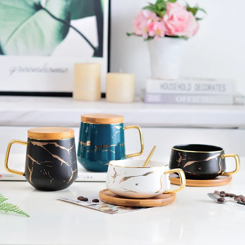 Ceramic Coffee Mug with Gold Handle, Wooden Saucer Tray, 350 ml