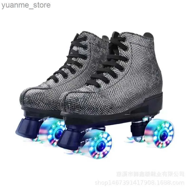 Inline rolschaatsen nieuwe stijl kunstmatige lederen quad roller skates schoenen patins dames mannen mannen dubbele lijn led licht 4 wielen pu abec-7 82a schaatsen y240410