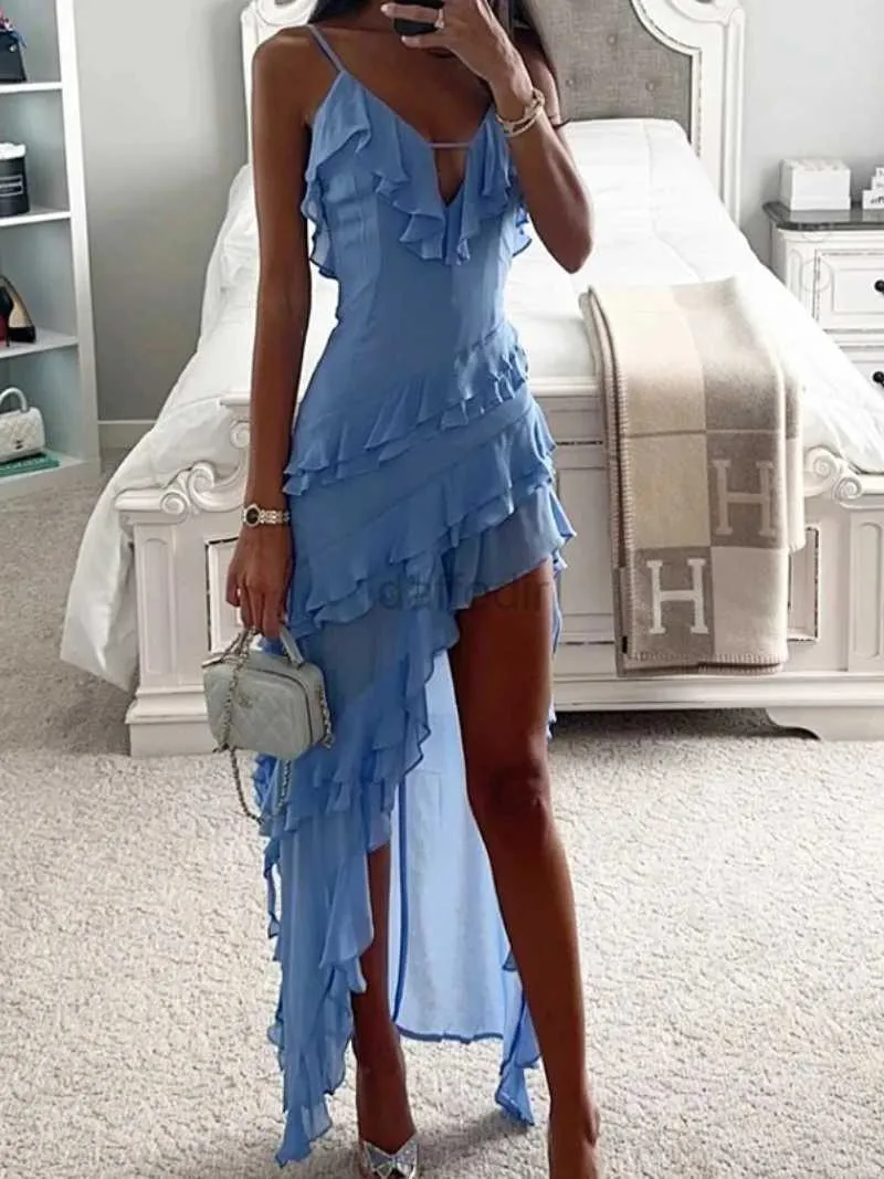 Urban sexy Kleider Urlaub Maxi Midi Rüschen Strandkleid 2024 Neue modische modische Farbe A-Line Midi Kleid Sommer sexy Riemen unregelmäßige Kleid 240410