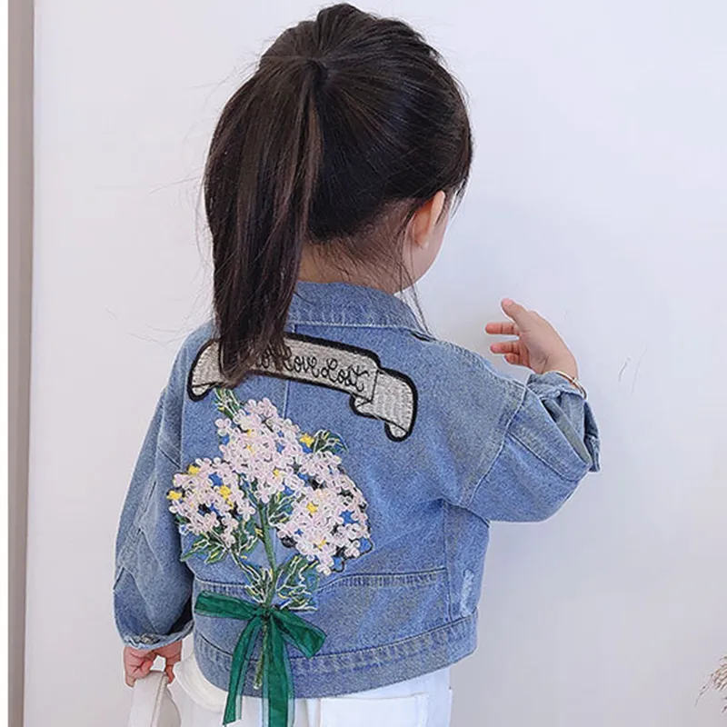 Meisjes denim jas herfst kinderen kleding baby meisje bovenkleding jassen jassen kinderen tops jeans slijtage denim geborduurde bloem jas