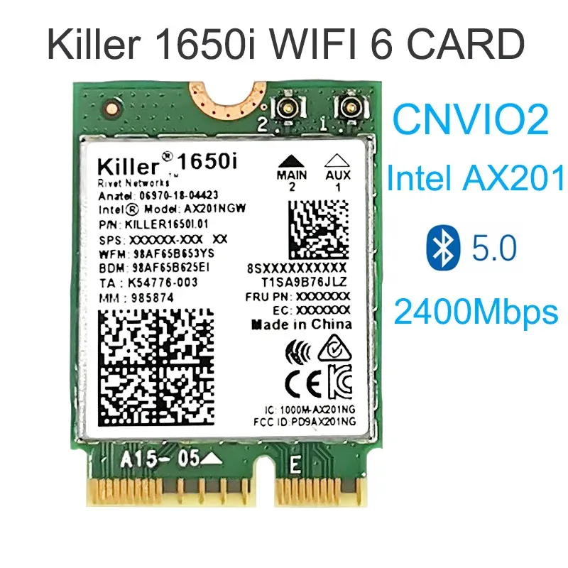 카드 킬러 1650i AC 듀얼 밴드 2.4GBPS 무선 AX201NGW Wi -Fi 카드 AX201 802.11AX Bluetooth 5.0 Windows 10 용 노트북 어댑터
