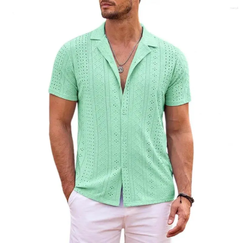 Men's Casual Shirts Beach Shirt Stylish Hollow Out Summer With Turn-down Collar Short Sleeves Breathable Vacation Top For A Cool