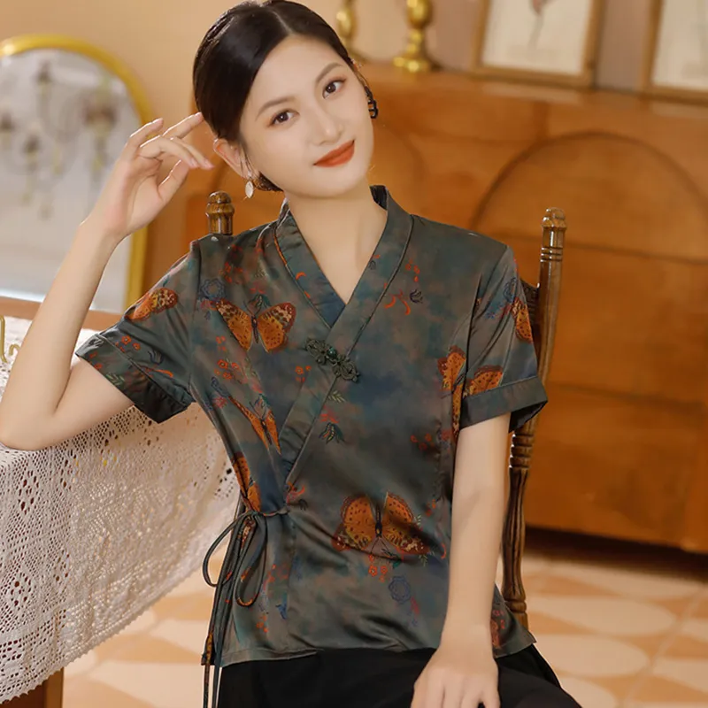 Traditionele Chinese blouse shirt tops dames opstaande kraag Oosters linnen hemd blouse dames cheongsam top, Hy001, Eén maat