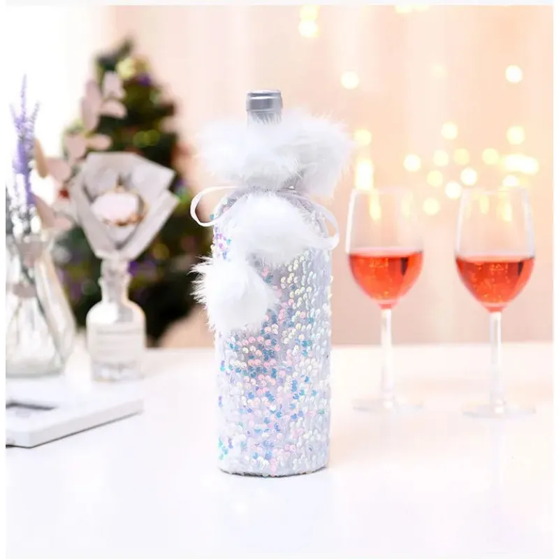 Decorações de vinho de Natal para casas de pano de lantejoulas capa de vinhos de garrafa de neve tocadores de estoque de neve de neve natal Navidad decoração de ano novo