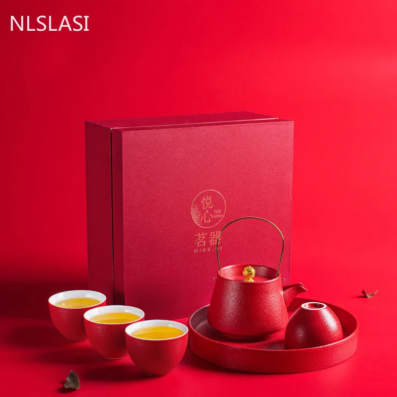 DHgate.com:Exquisite 6-Piece Chinese Red Ceramic Tea Set