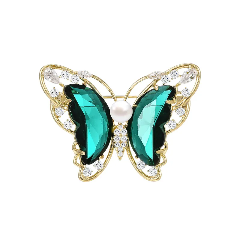 Luz verde Luxo Cristal de cristal jade cor de borboleta cor de borboleta alta feminina e requintado design de flores de mama sentimento pequeno e exclusivo acessórios de terno