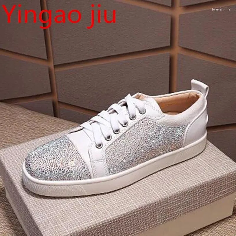 Casual Shoes Suede Leather Crystal Low Top Men Flats Sole Work Running Sneaker Tenis Masculino Lace-up Black White Red Male