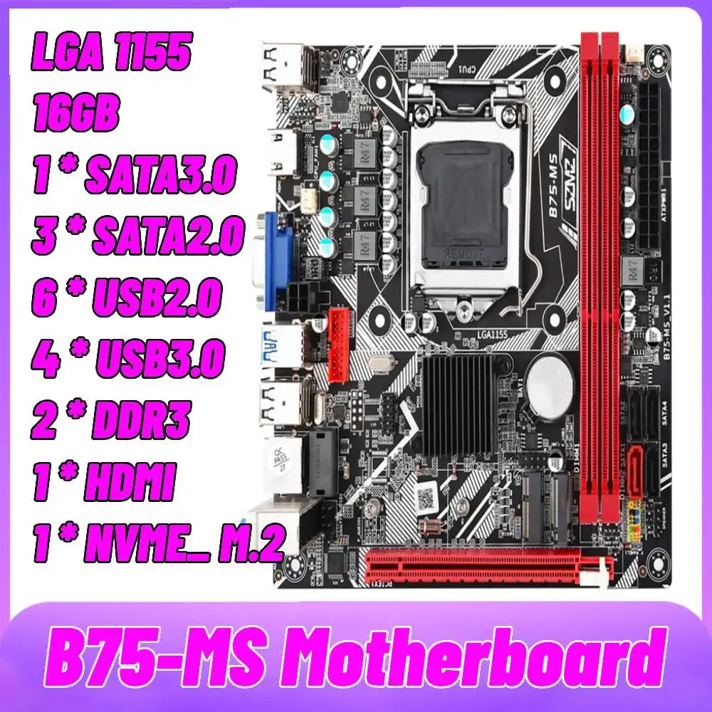 Cartes mères B75MS Carte mère ITX 16GB LGA 1155, MENDUKUNG USB3.0 SATA3.0 + NVME M.2 + WiFi Bluetooth Ports Placa Mae 1155 B75 Desktop DDR3