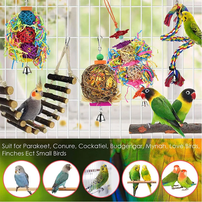 Parrot Bird Toys drewniana drabina linowa stojak do żucia ugryzienie piłki rattanowe budgie kakadowa trening