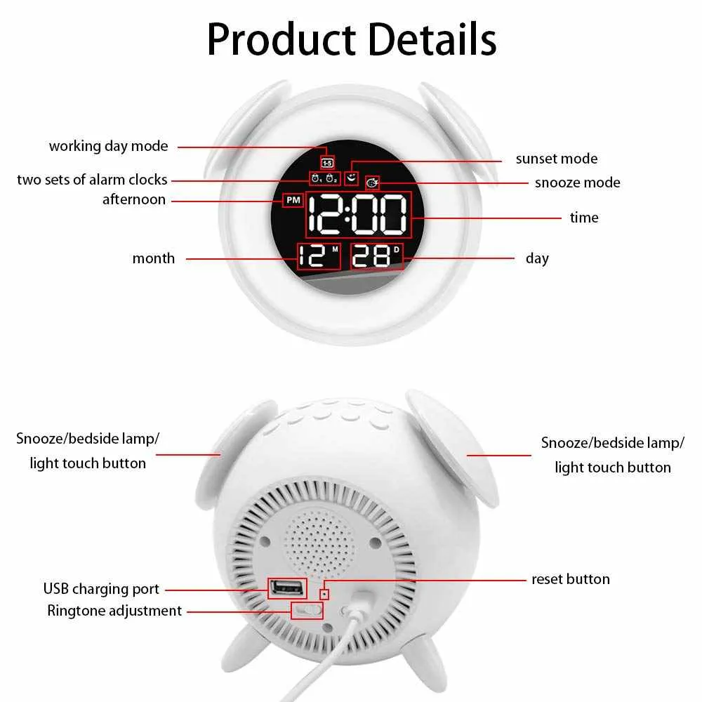 LED Digitaluhr Wecker Nachttisch Tischuhr Elektronische Desktop Uhr Nachtlicht Sonnenaufgang Sonnenuntergang Lichtspiegel Musikuhr