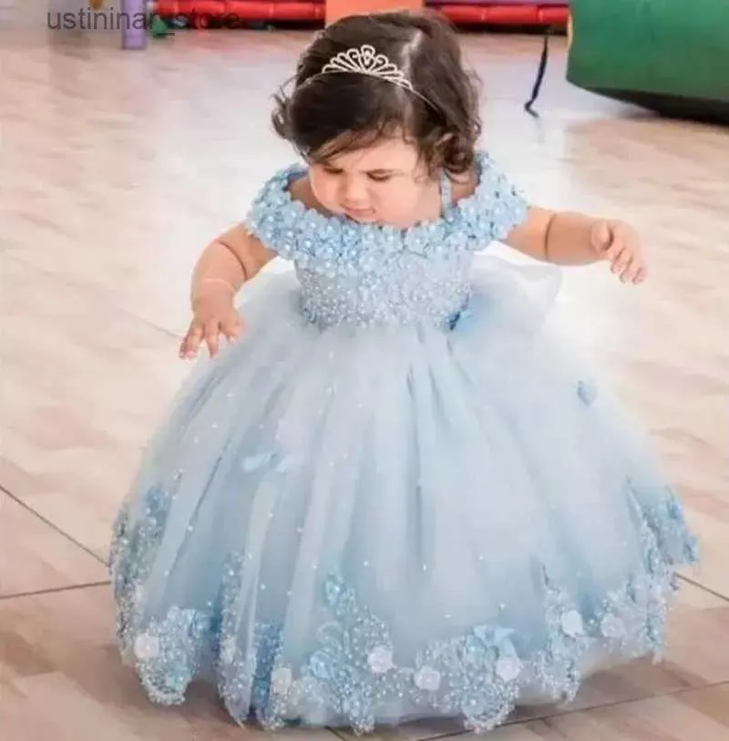 Girl's Dresses Blue Baby Girl Dress Tulle Flower Pearl Butterfly Girl Dress Off Shoulder For Wedding Birthday Party First Communion Gowns L47