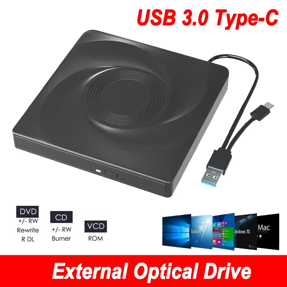 Enheter Typ C/USB 3.0 Extern DVD -enhet CD -spelare PC DVDRW ROM Player CDRW Slim Extern CD DVD Drive för MacBook Laptop Desktop