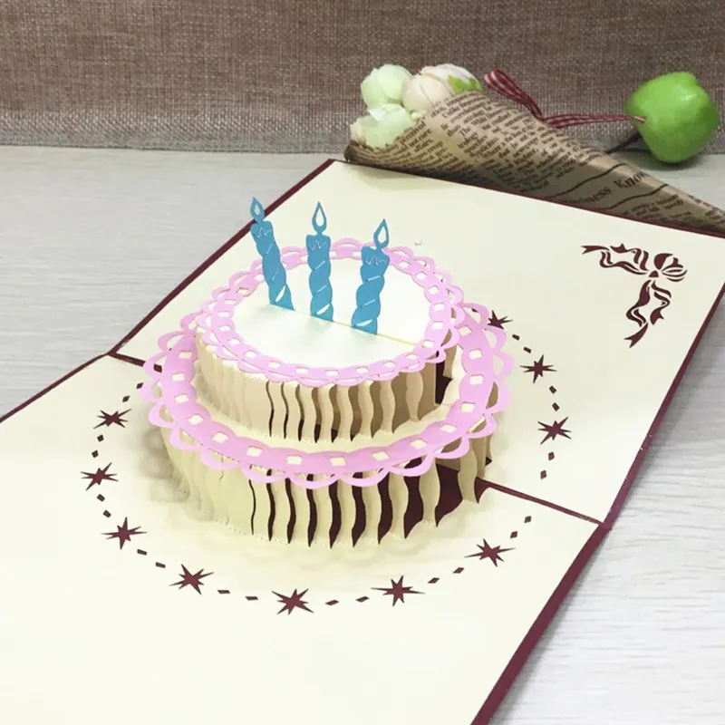 1pcs Birthday Cake 3D Handmade  Up Laser Cut Postcard Greeting Gift Cards Kraft Kirigami Blank With Envelope Birthday Gifts