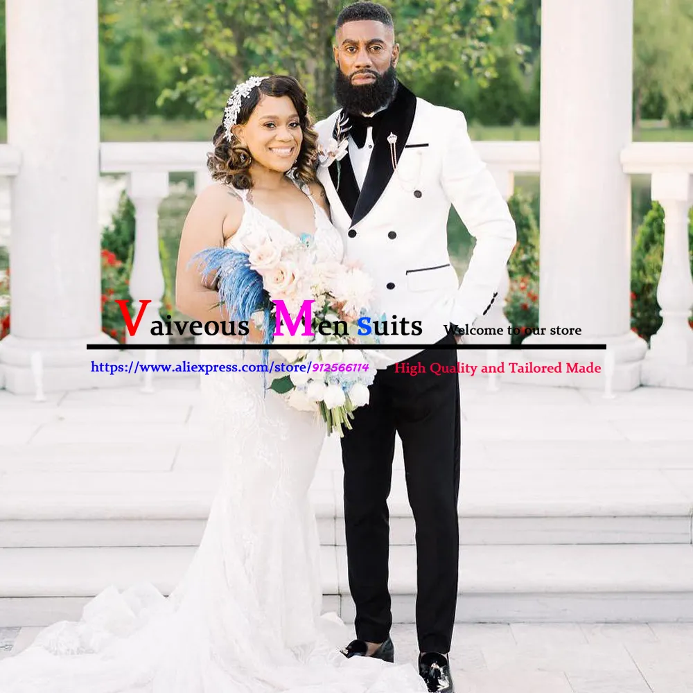 DHgate Mens 2 Piece Slim Fit Double Breasted White Wedding Suit Set with Black Lapel Wedding Party Events