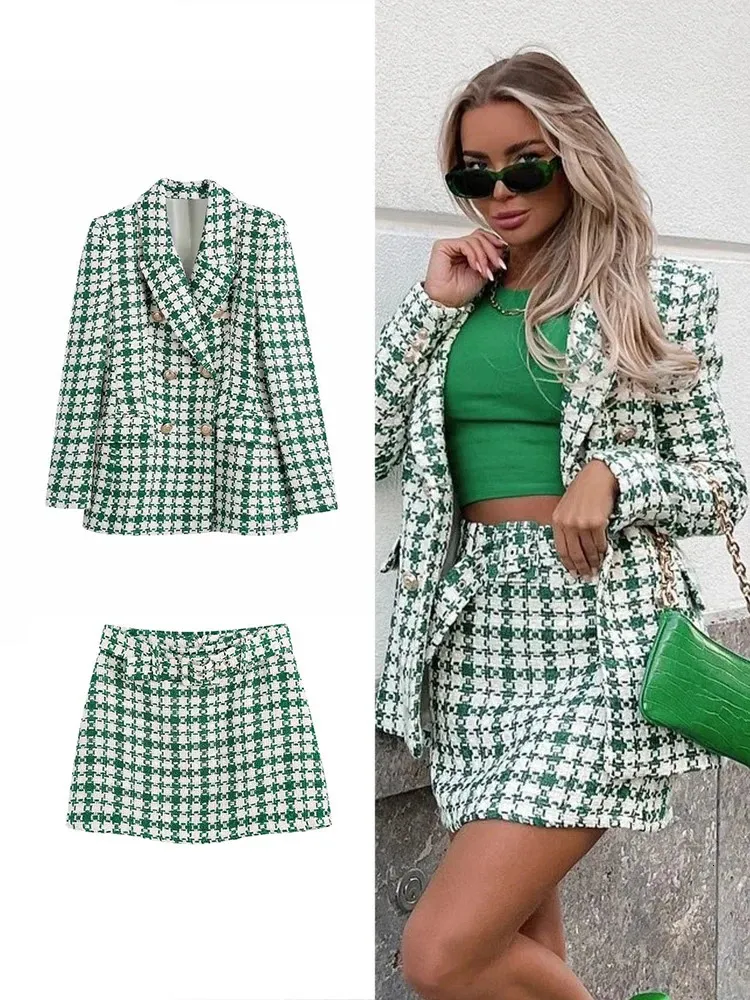 Zbza feminino Tweed Suit Pure Color Plaid Fashion Cantura Halfbody Skirt Autumn and Winter Roupas 240319