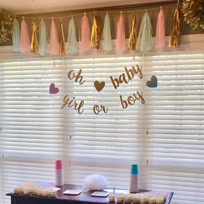 Boy Or Girl Banner with Baby Shower Party Decorations Gender Reveal Hung Bunting Pregnancy Announcement Gold Glitter Supplies