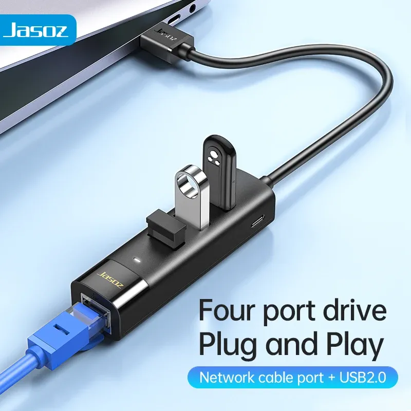 Kort JASOZ 4 i 1 USB 2.0 HUB RJ45 100 Mbps Nätverkskortkabeladapter för MacBook Laptop PC Typec Splitter -tillbehör