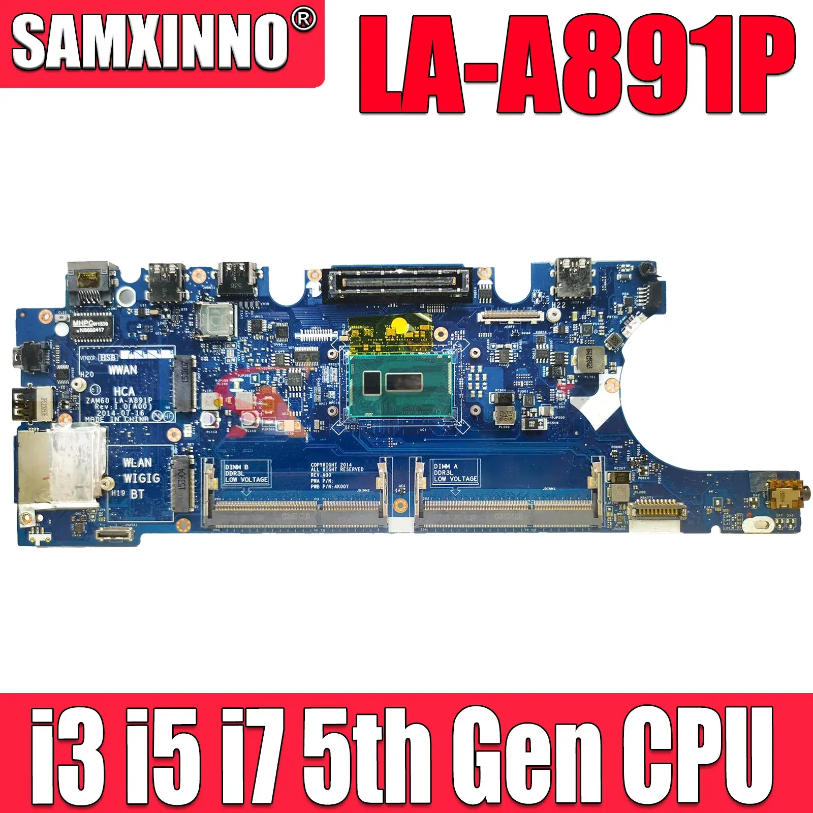 Motherboard For DELL Latitude E5250 5250 Laptop Mainboard CN08FKX9 07WRRW ZAM60 LAA891P DDR3 MOTHERBOARD w/ 3755U i3 i5 i7 5th Gen CPU