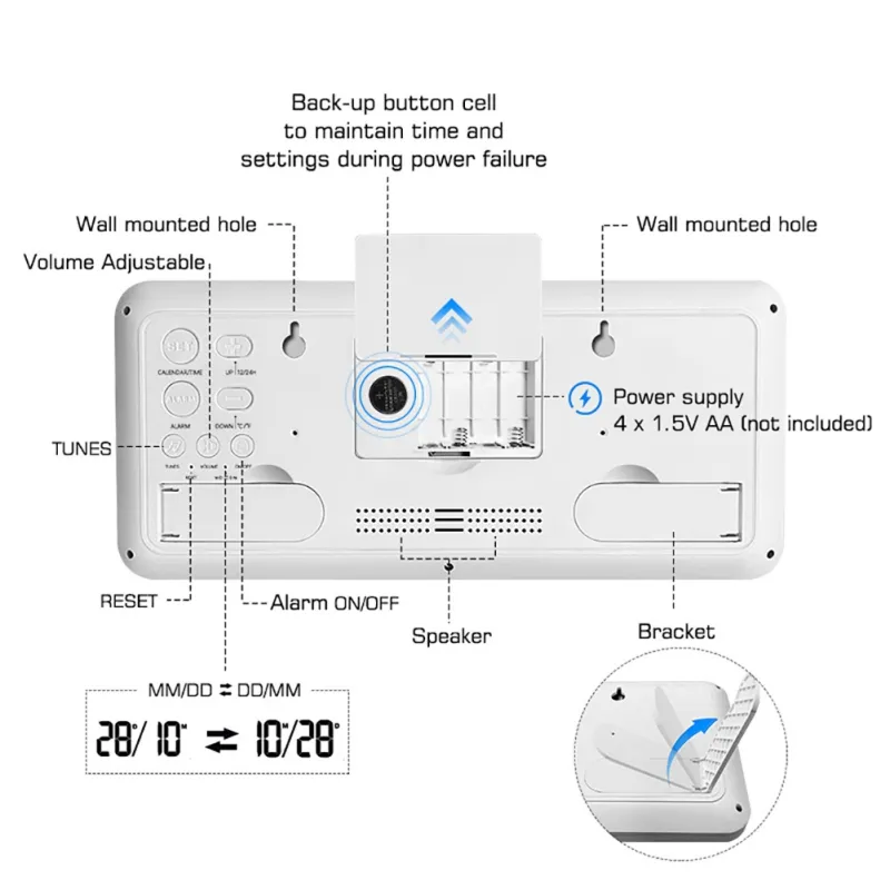 Relógio de parede digital com bateria de volume AJustable com 2 configurações de alarme LCD Exibição de tela LCD Relógio