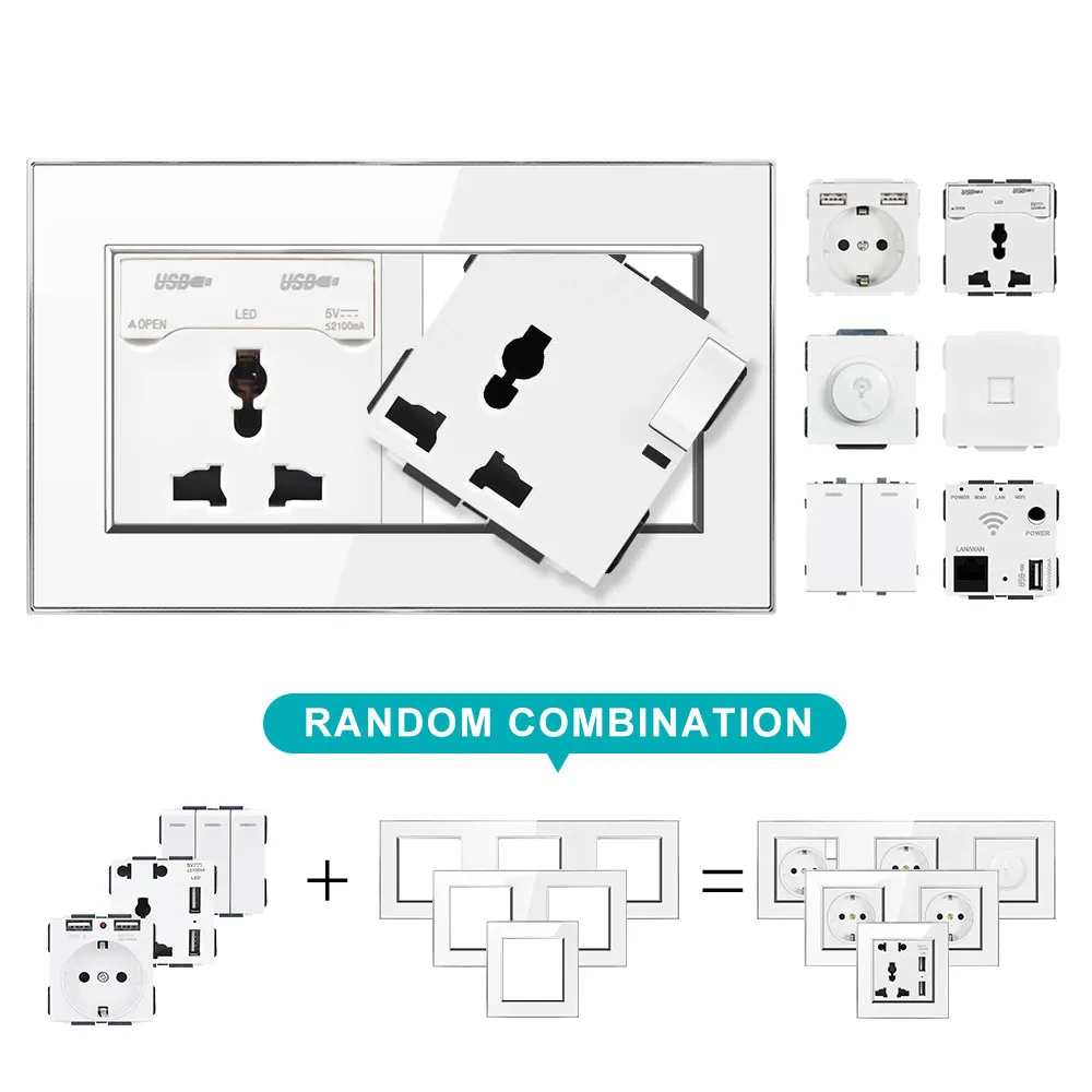 Wall 16A Multiple european plug socket with usb for home 5V 2A,Socket with Siwtch 2Gang 2Way Acrylic panel With protective film