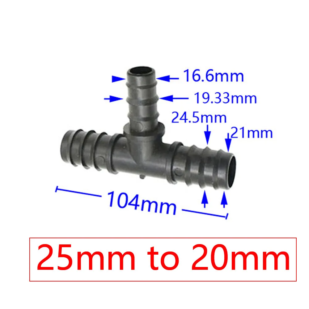 T-form 1 "till 3/4" till 1/2 "Trädgårdsslangtäckanslutning Reducer Water Splitter Tee Barb Water Connector för 25mm/20mm/16mm Slang 2 st