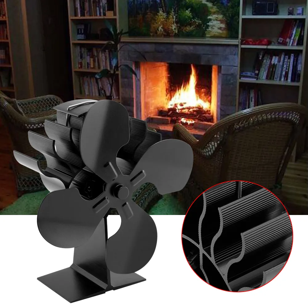 Black Fireplace 4 Blade Heat Powered Stove Fan Log Wood Burner Eco Friendly Quiet Fan Home Efficient Heat Distribution