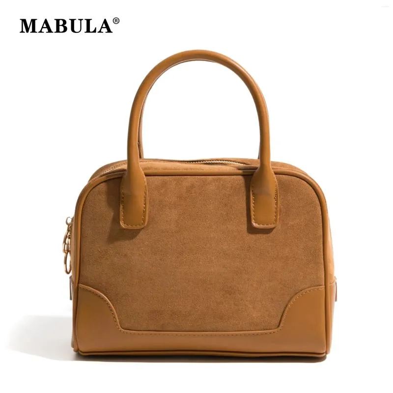 Totes MABULA Faux Suede Brown Vintage Woman Bowling Tote Handbag Solid Color Elegant Female Crossbody Purse Fashion Simple Travel Bag